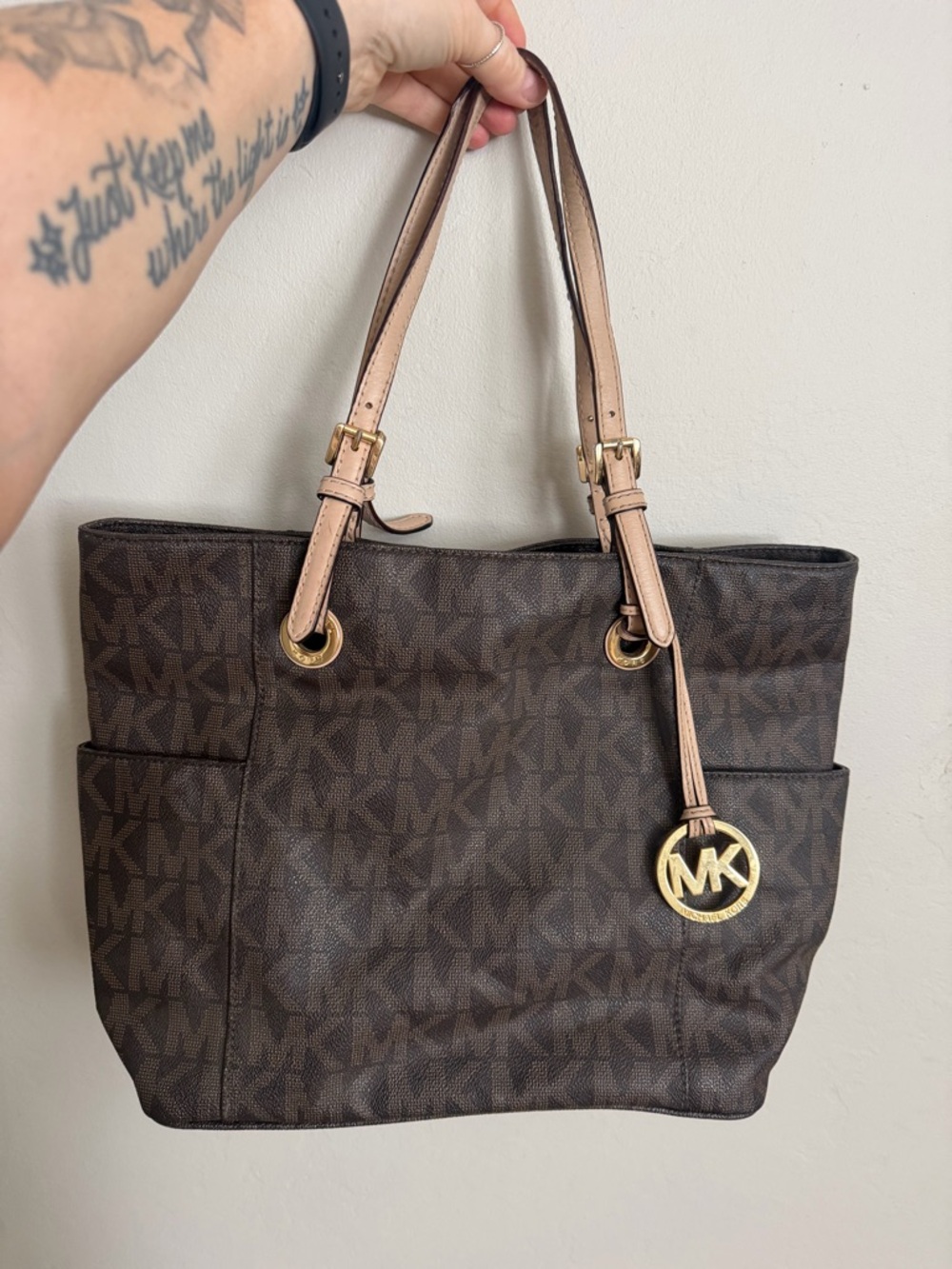 Michael Kors Brown MK Logo Tote with Tan Straps and Gold Charm